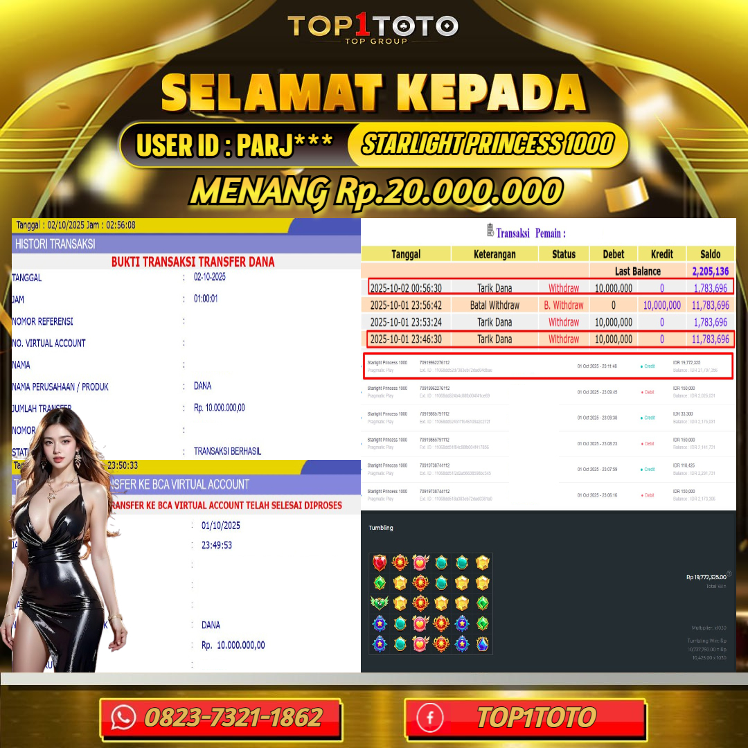 TOP1TOTO JACKPOT SLOT STARLIGHT PRINCESS 1000 Rp.20.000.000 - LUNAS USER ID : PARJ***