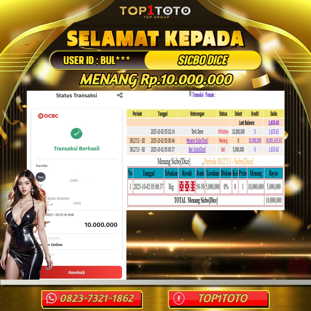 TOP1TOTO JACKPOT LIVE GAMES SICBO DICE Rp.10.000.000 - LUNAS USER ID : BUL***